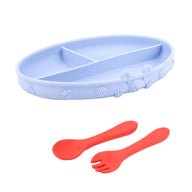 Set of Playette Round Silicone Divided Plate with Suction Base, Spoon & Fork