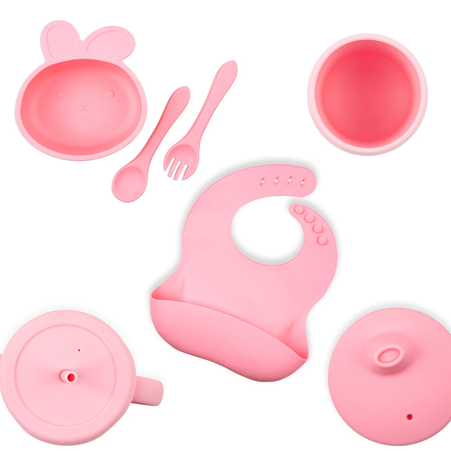 Silicone Baby Feeding Set, Suction Bowl, Divided Plate, Straw Sippy Cup, Bib, Spoon, Fork, Infant Self Feeding Eating Utensils (Pack of 7)