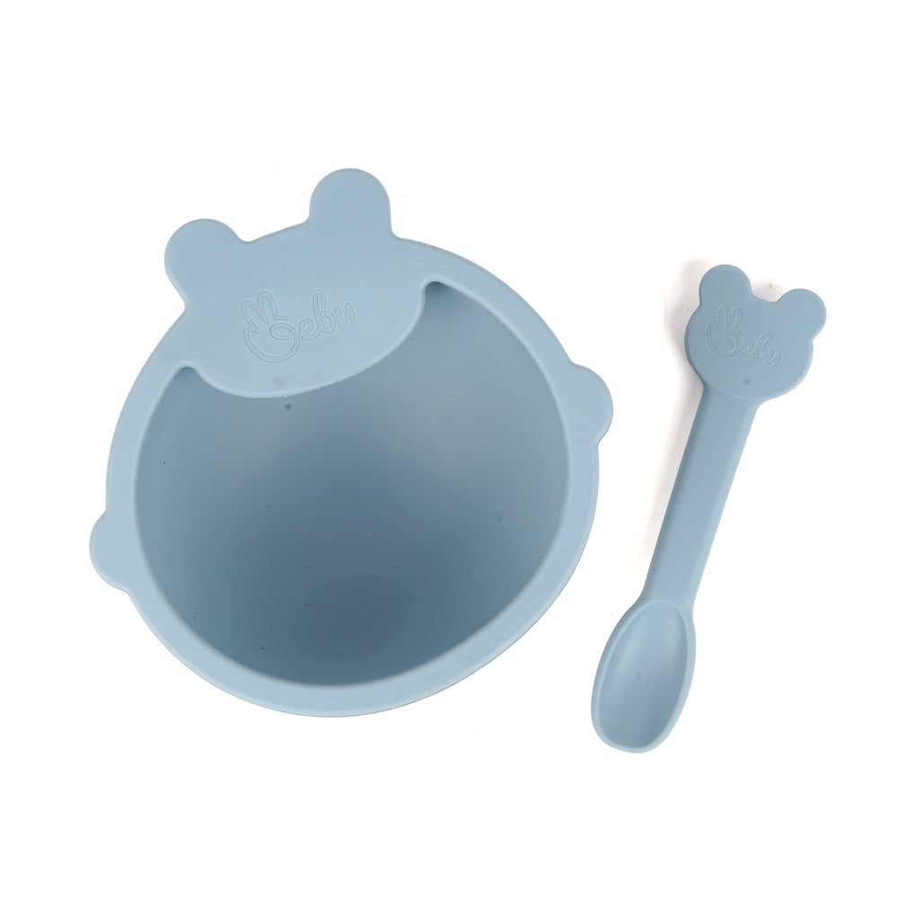 Silicone Self-Feeding Bowl and Spoon Set Blue top view