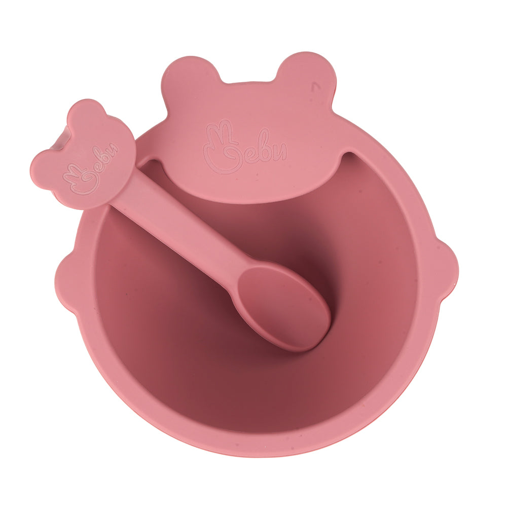 Silicone Self-Feeding Bowl and Spoon Set Pink color