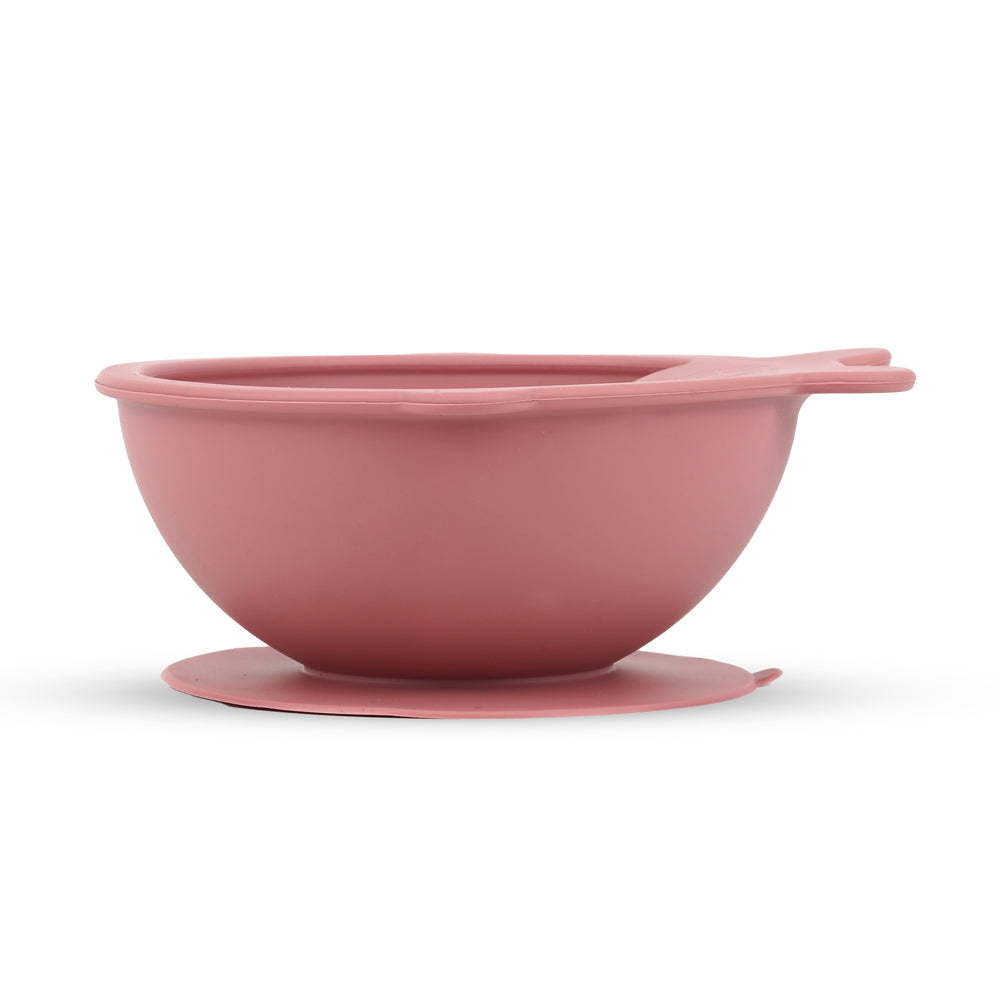 Silicone Self-Feeding Bowl and Spoon Set Pink side view