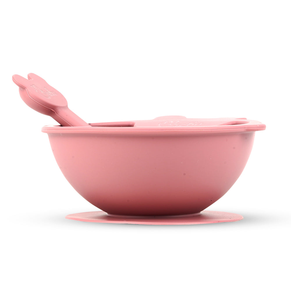 Silicone Self-Feeding Bowl and Spoon Set Pink colored