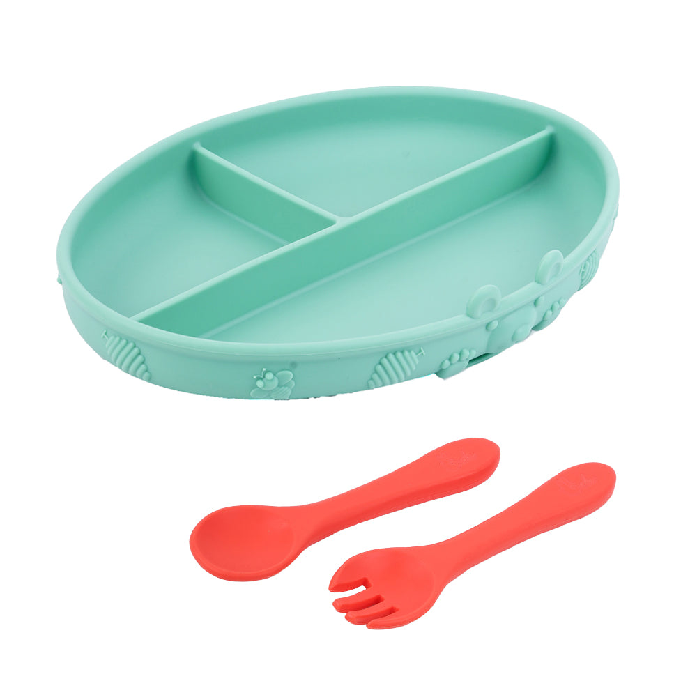 Set of Playette Round Silicone Divided Plate with Suction Base, Spoon & Fork