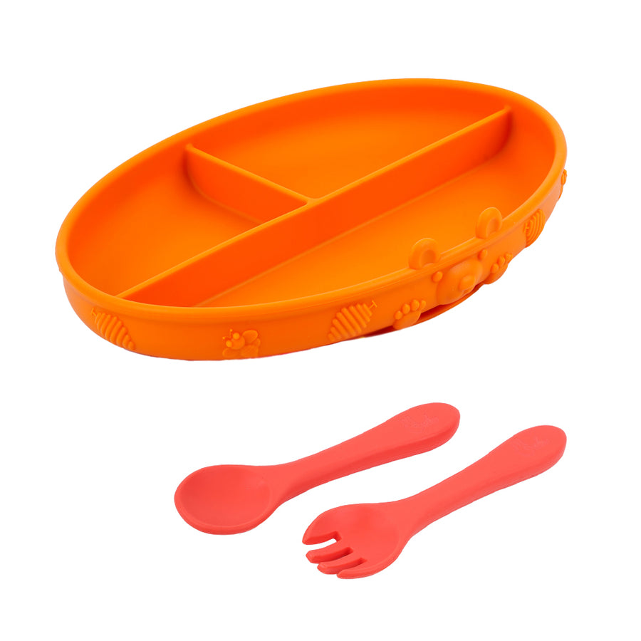 Set of Playette Round Silicone Divided Plate with Suction Base, Spoon & Fork