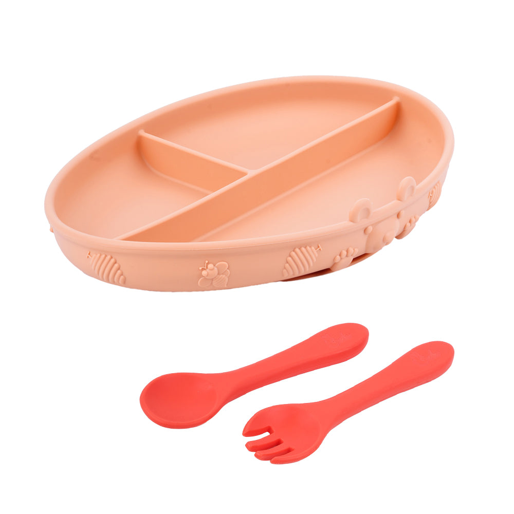 Set of Playette Round Silicone Divided Plate with Suction Base, Spoon & Fork