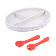 Set of Playette Round Silicone Divided Plate with Suction Base, Spoon & Fork