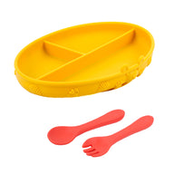 Set of Playette Round Silicone Divided Plate with Suction Base, Spoon & Fork